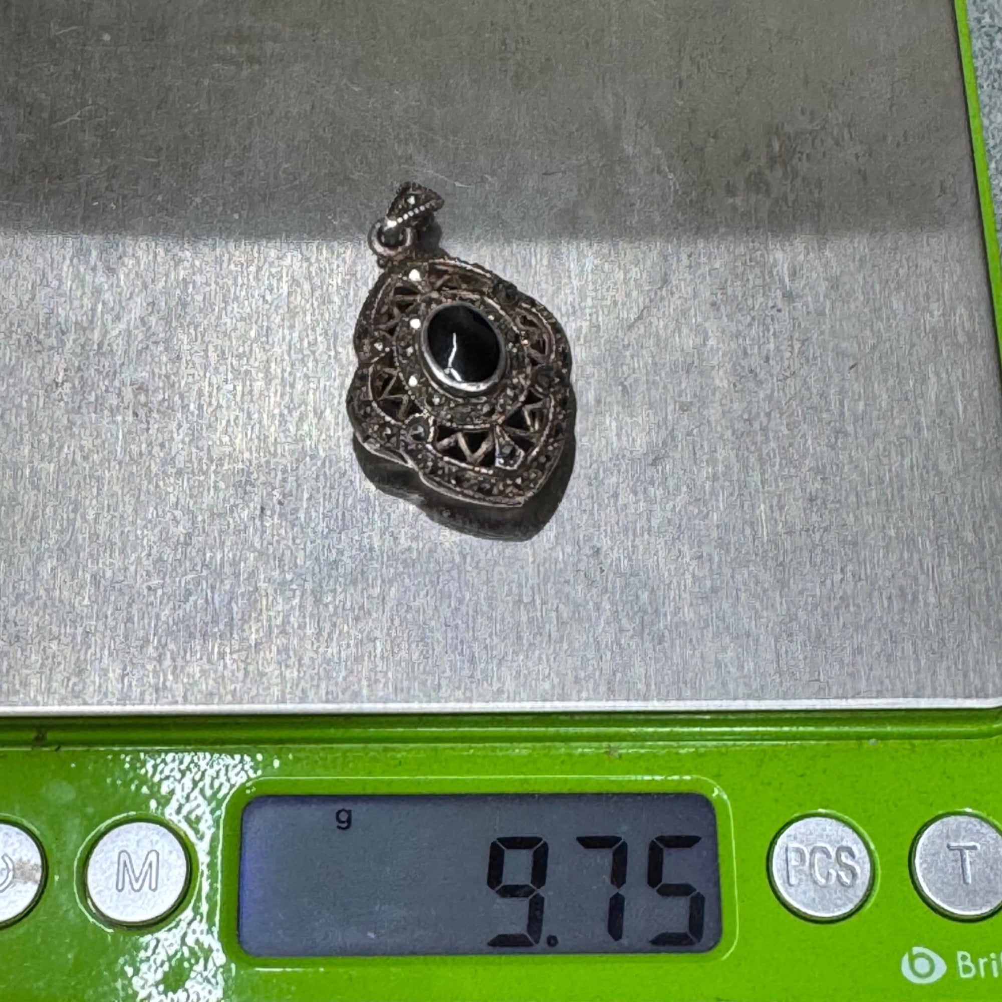 Antique Art Deco Locket Sterling Silver Pendant Black Onyx Marcasite Filigree