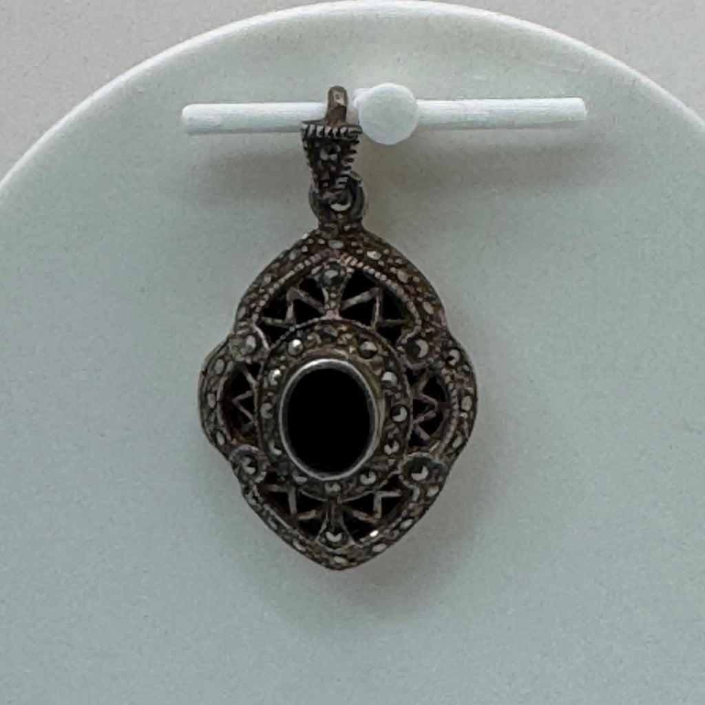 Antique Art Deco Locket Sterling Silver Pendant Black Onyx Marcasite Filigree