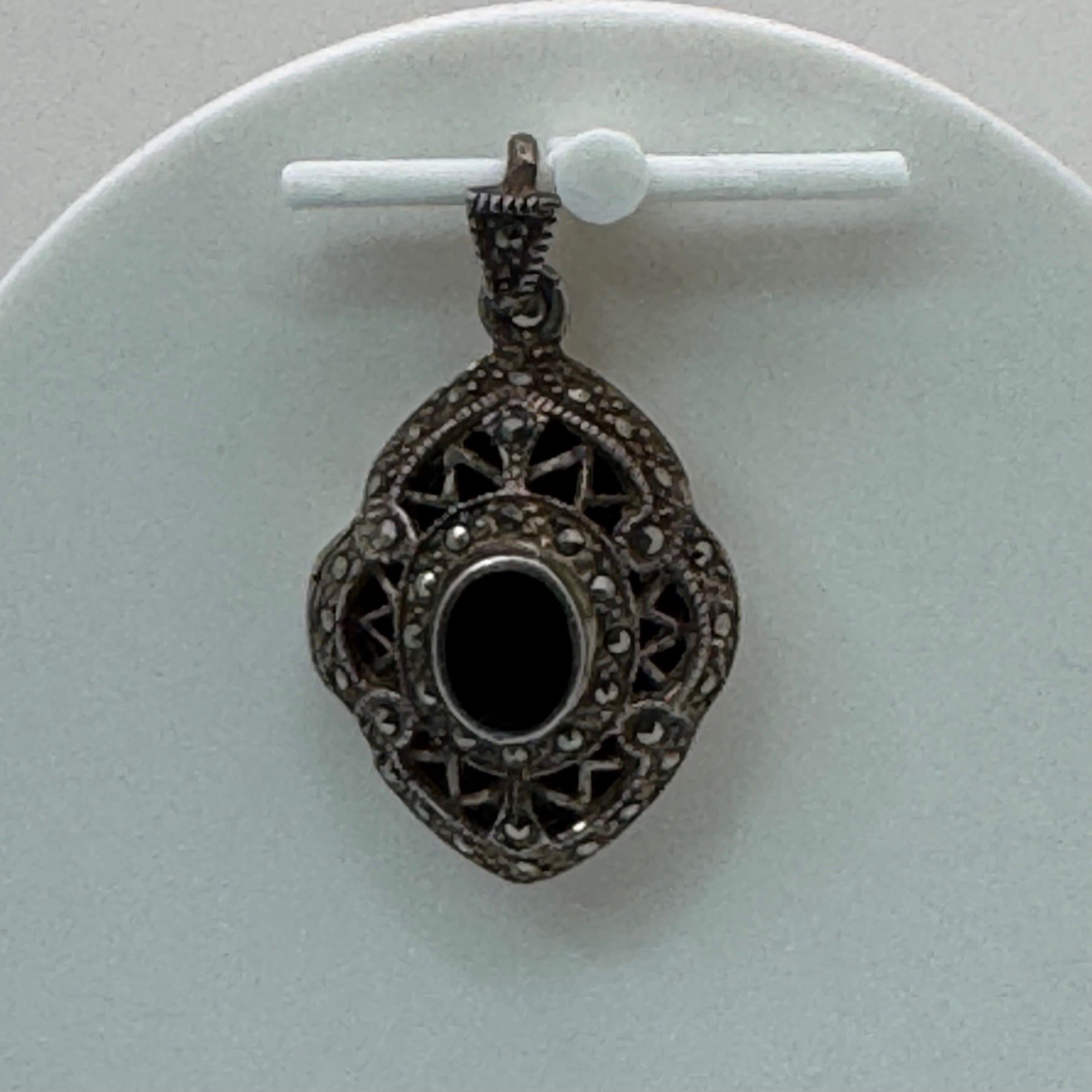 Antique Art Deco Locket Sterling Silver Pendant Black Onyx Marcasite Filigree