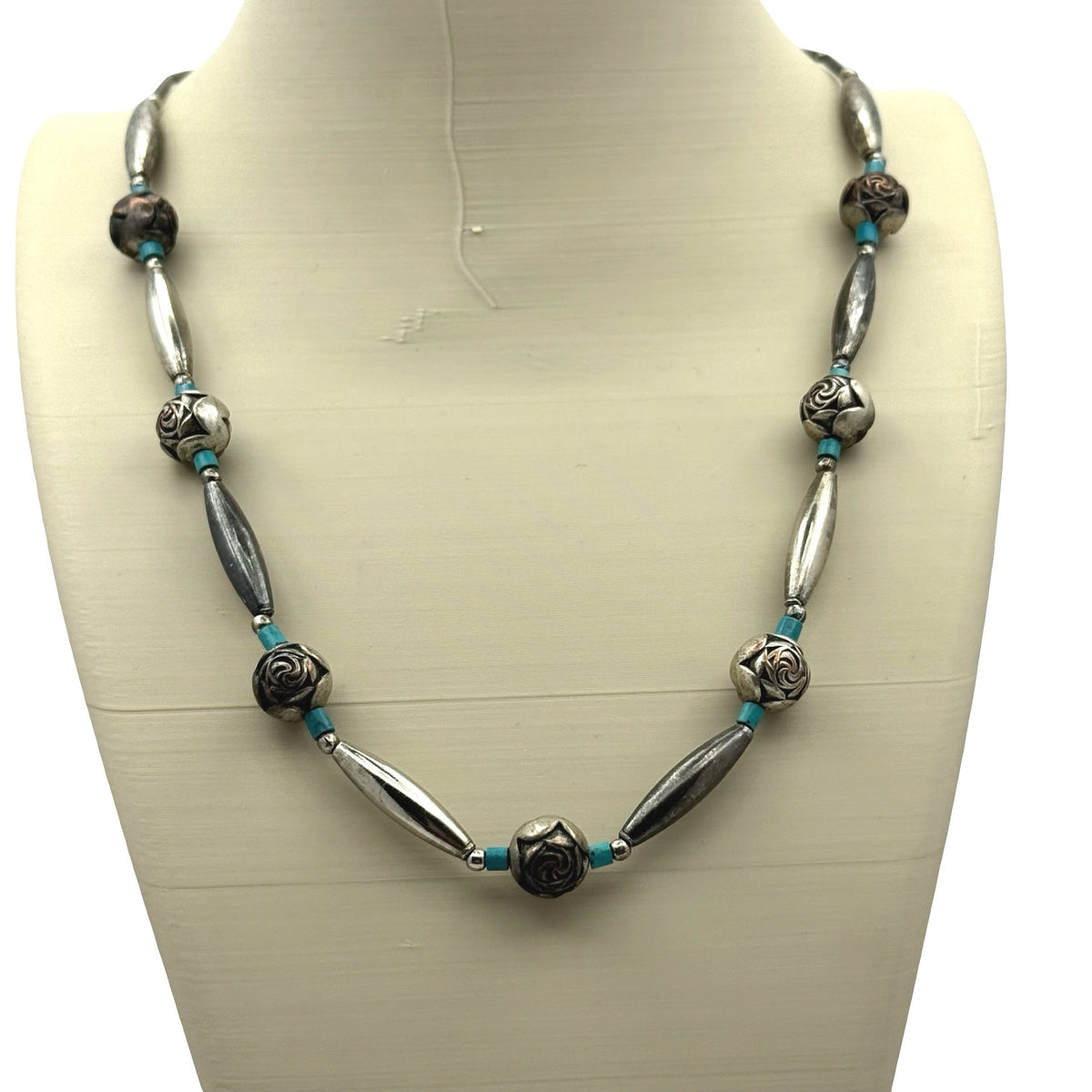 Silver Turquoise Rose Beaded Southwest Vintage Necklace Beads 18" Estate Cowgirl