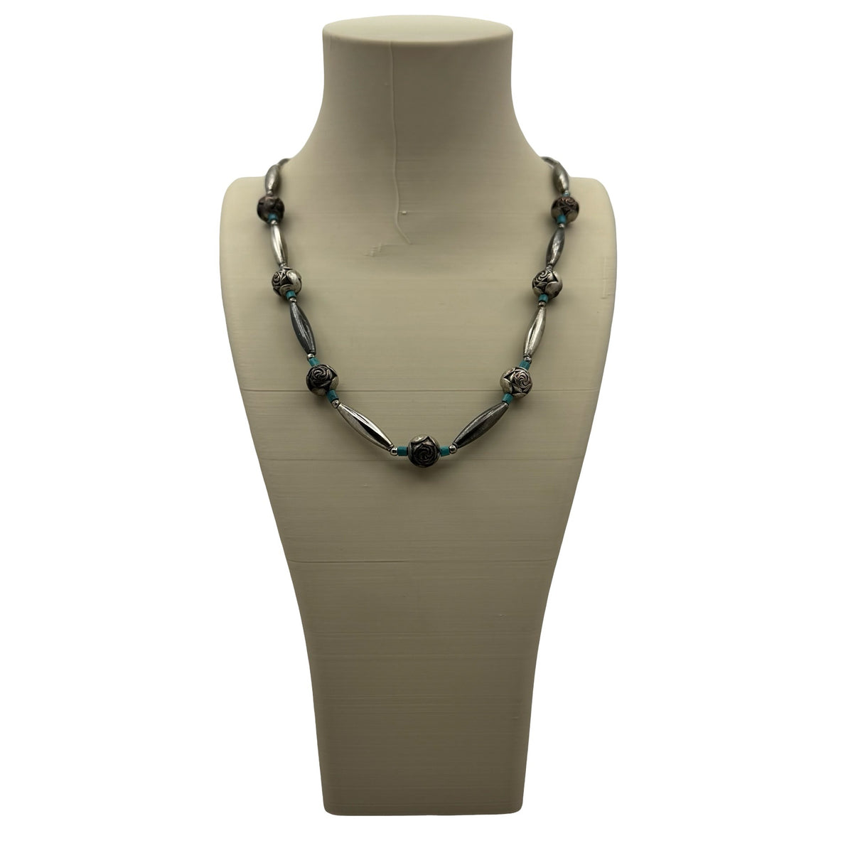 Silver Turquoise Rose Beaded Southwest Vintage Necklace Beads 18" Estate Cowgirl
