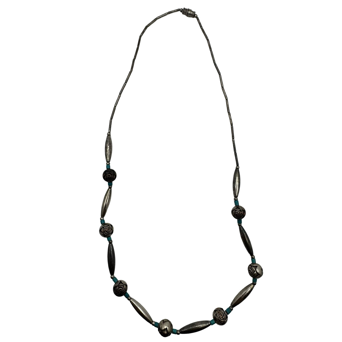 Silver Turquoise Rose Beaded Southwest Vintage Necklace Beads 18" Estate Cowgirl