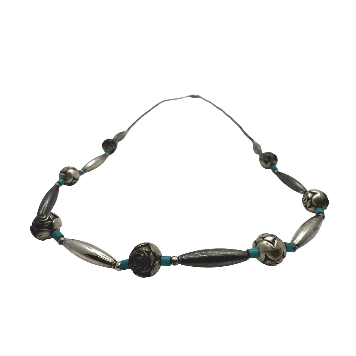 Silver Turquoise Rose Beaded Southwest Vintage Necklace Beads 18" Estate Cowgirl