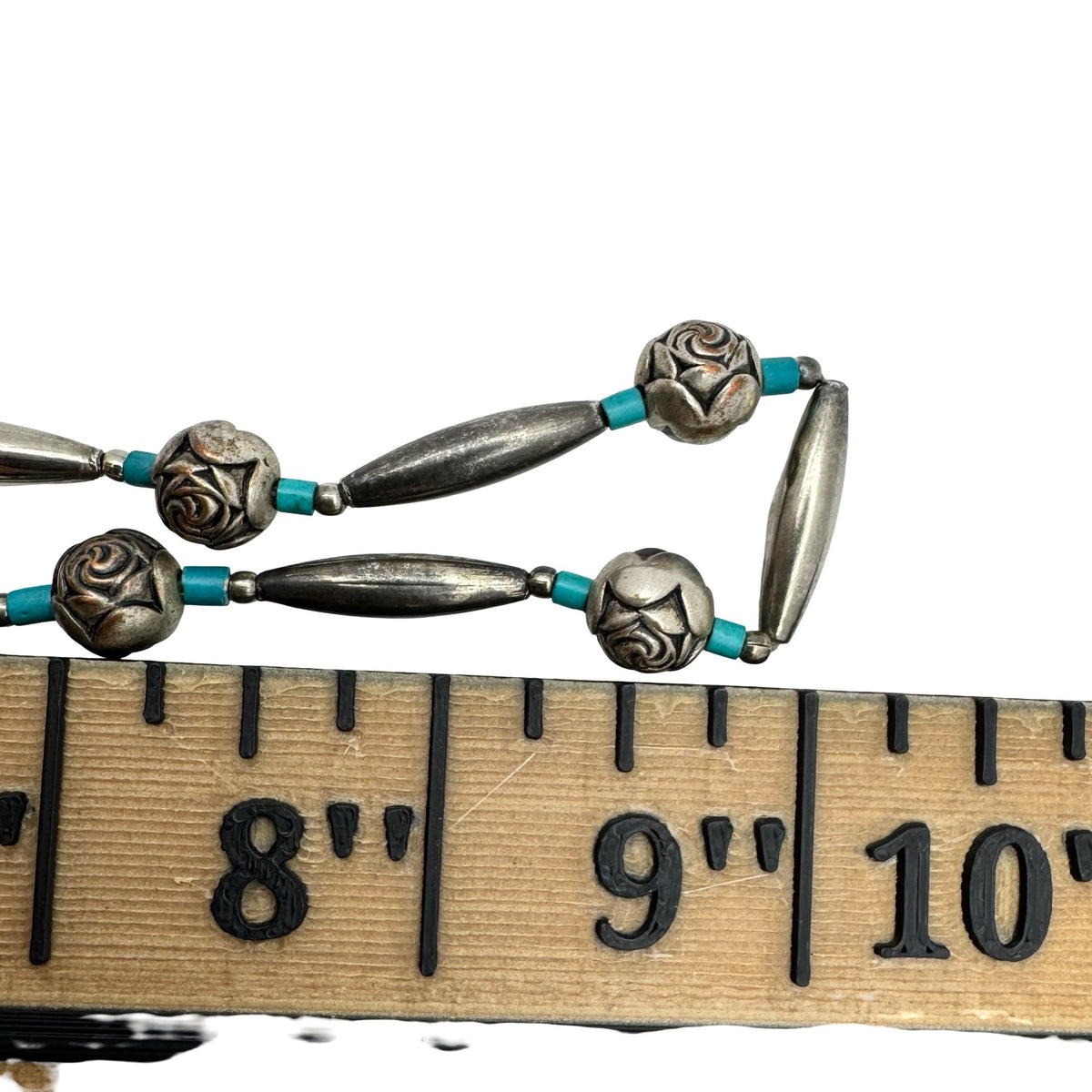 Silver Turquoise Rose Beaded Southwest Vintage Necklace Beads 18" Estate Cowgirl