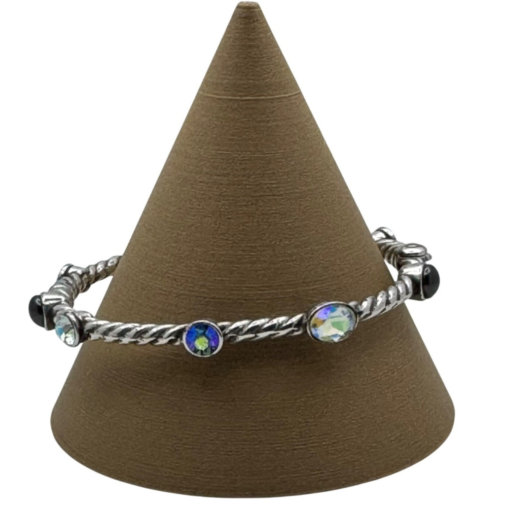 Brighton Swarovski Crystal Bangle Twisted Silver Bracelet Black & Iridescent 7"
