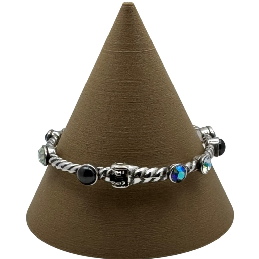 Brighton Swarovski Crystal Bangle Twisted Silver Bracelet Black & Iridescent 7"