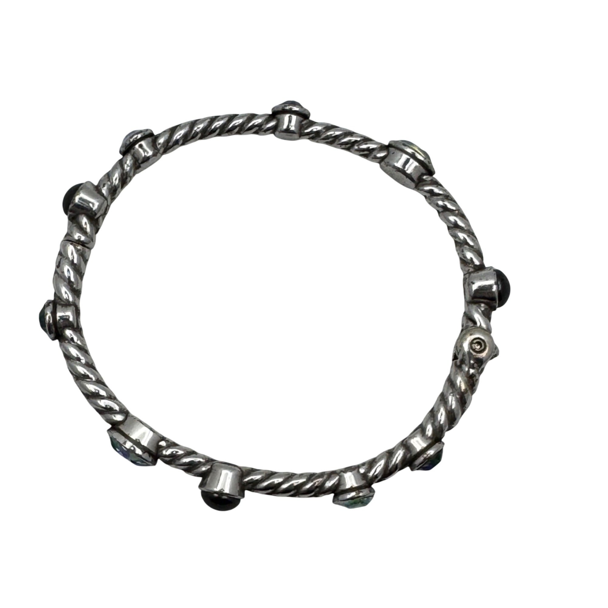 Brighton Swarovski Crystal Bangle Twisted Silver Bracelet Black & Iridescent 7"