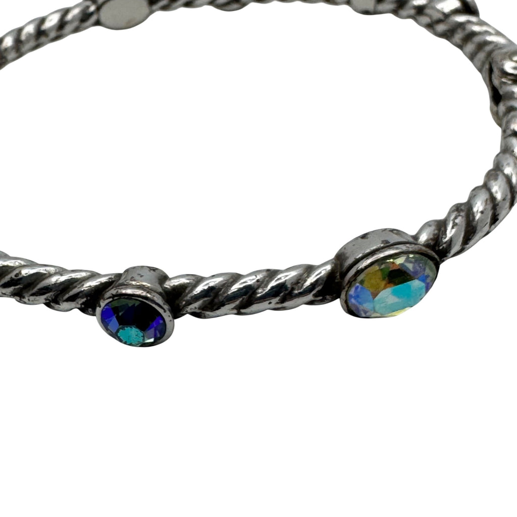 Brighton Swarovski Crystal Bangle Twisted Silver Bracelet Black & Iridescent 7"