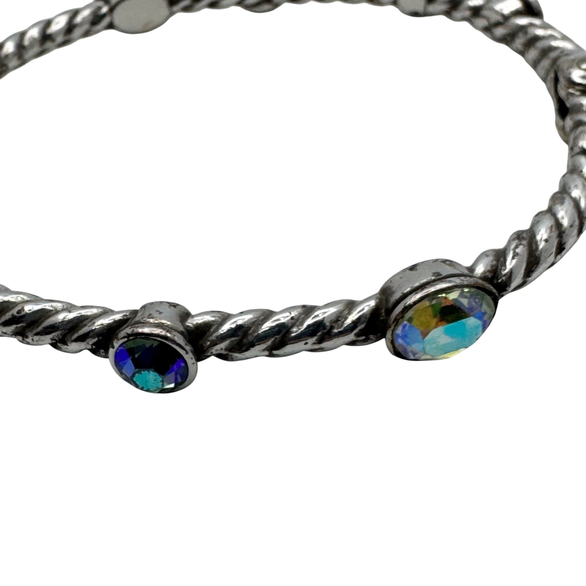 Brighton Swarovski Crystal Bangle Twisted Silver Bracelet Black & Iridescent 7"