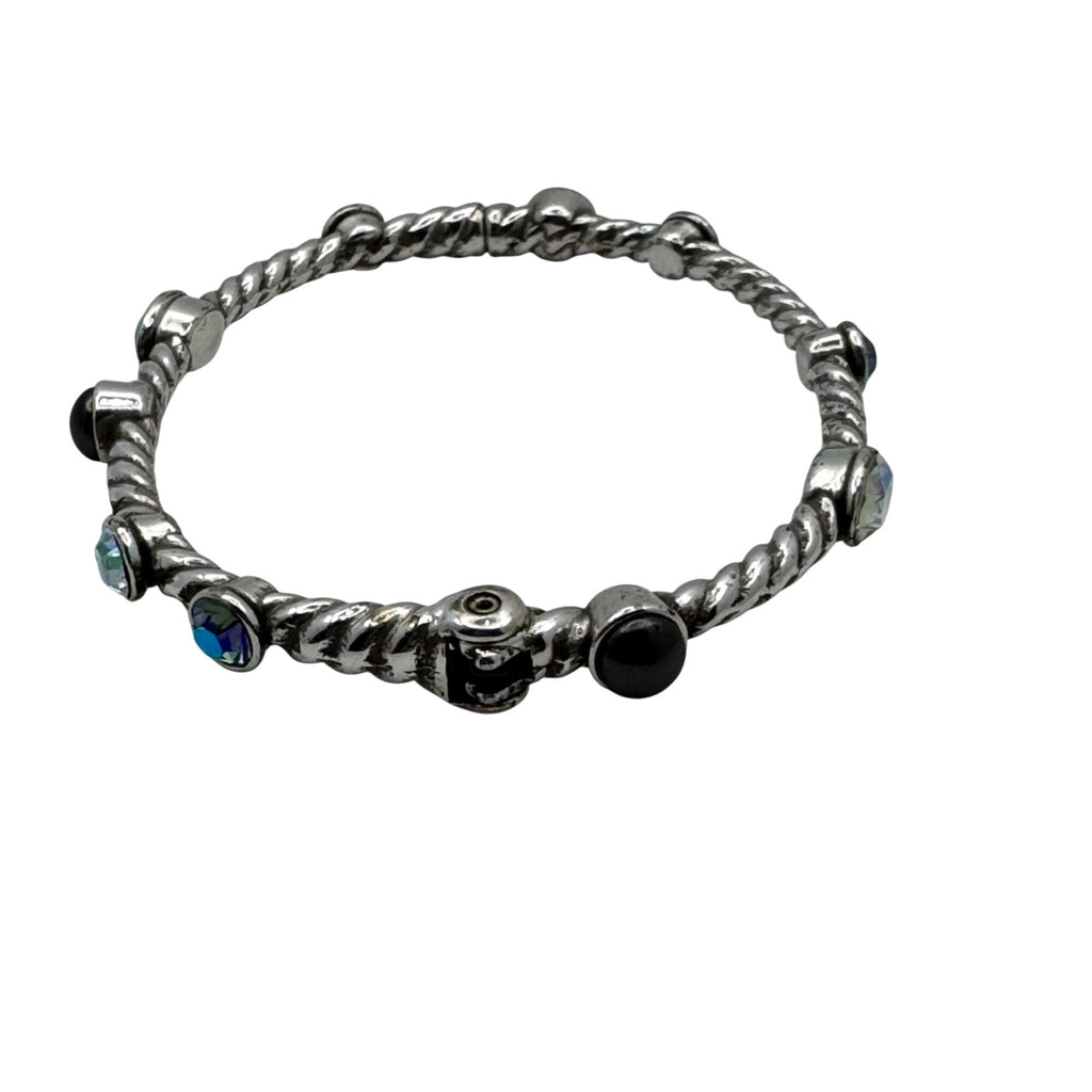 Brighton Swarovski Crystal Bangle Twisted Silver Bracelet Black & Iridescent 7"