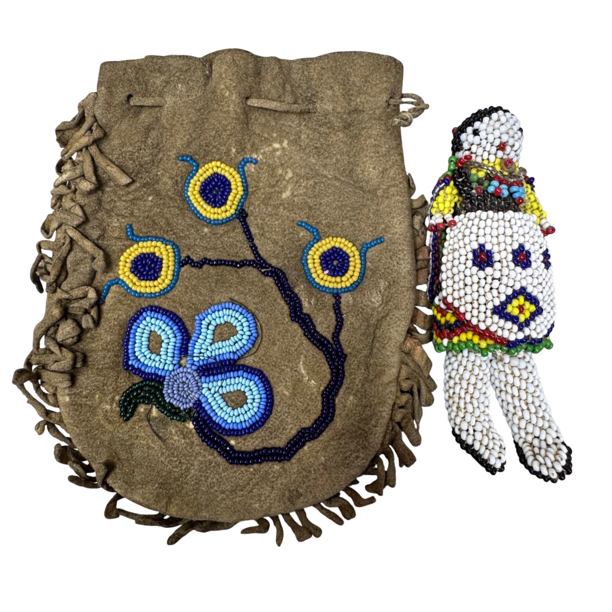 Vintage Native American Beaded Buckskin Bag Small Pouch Medicine Doll Floral 6"