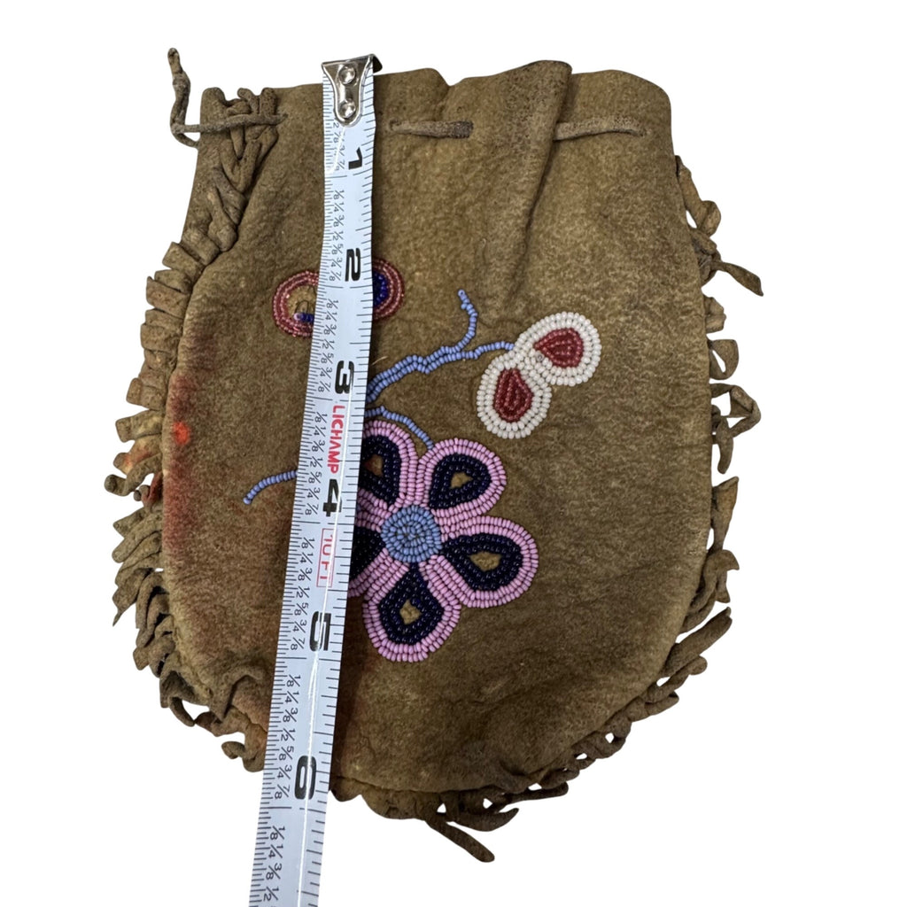 Vintage Native American Beaded Buckskin Bag Small Pouch Medicine Doll Floral 6"