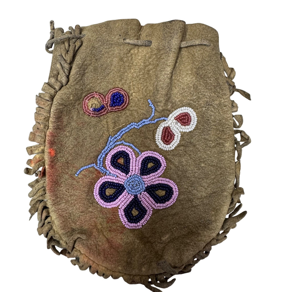Vintage Native American Beaded Buckskin Bag Small Pouch Medicine Doll Floral 6"