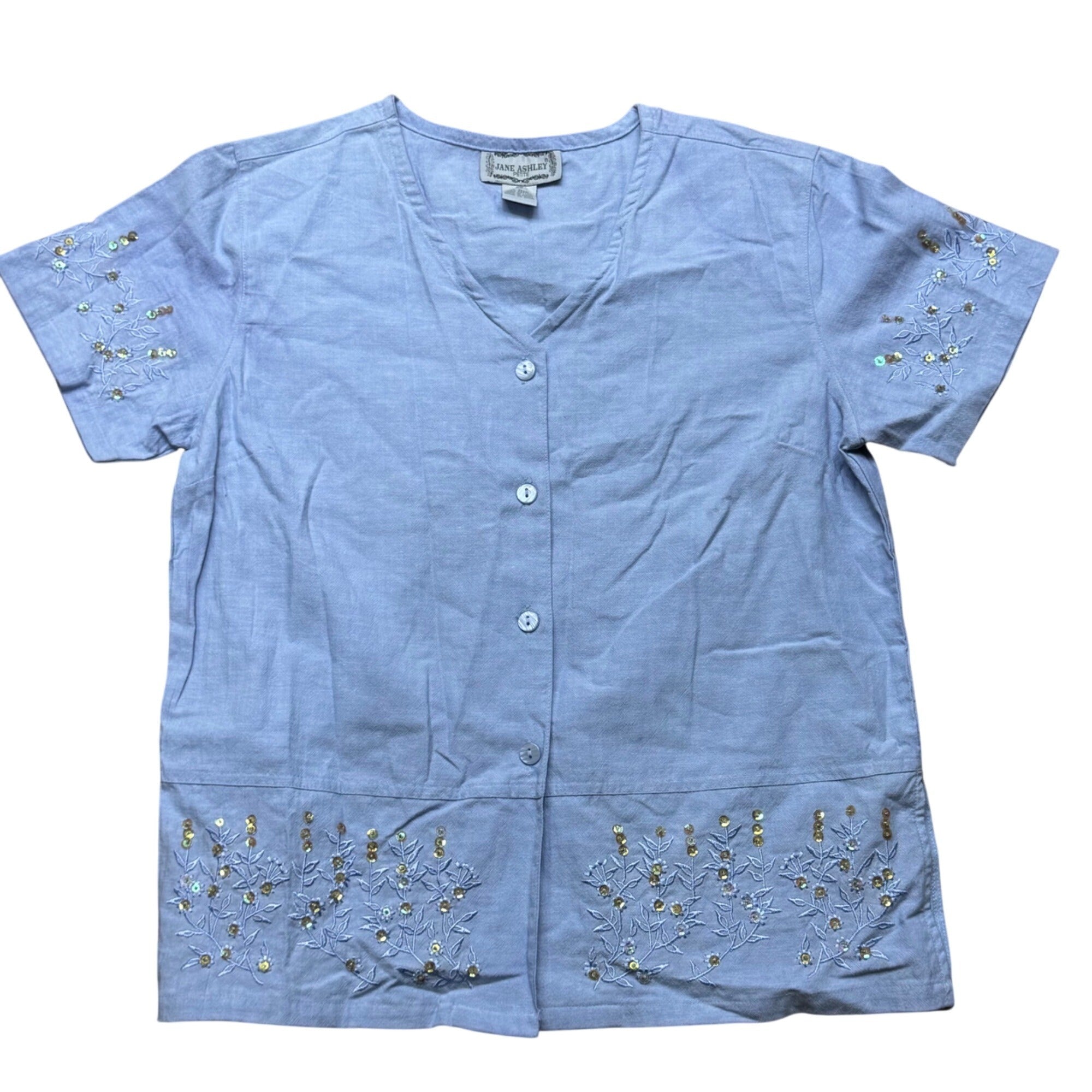 Jane Ashley Petite Blue Embroidered Button Daisies Flower Shirt Cotton Blouse M