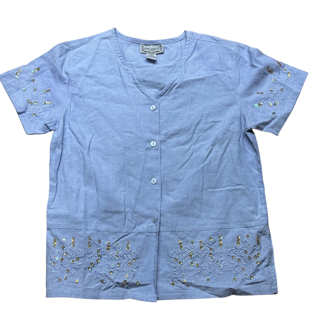 Jane Ashley Petite Blue Embroidered Button Daisies Flower Shirt Cotton Blouse M