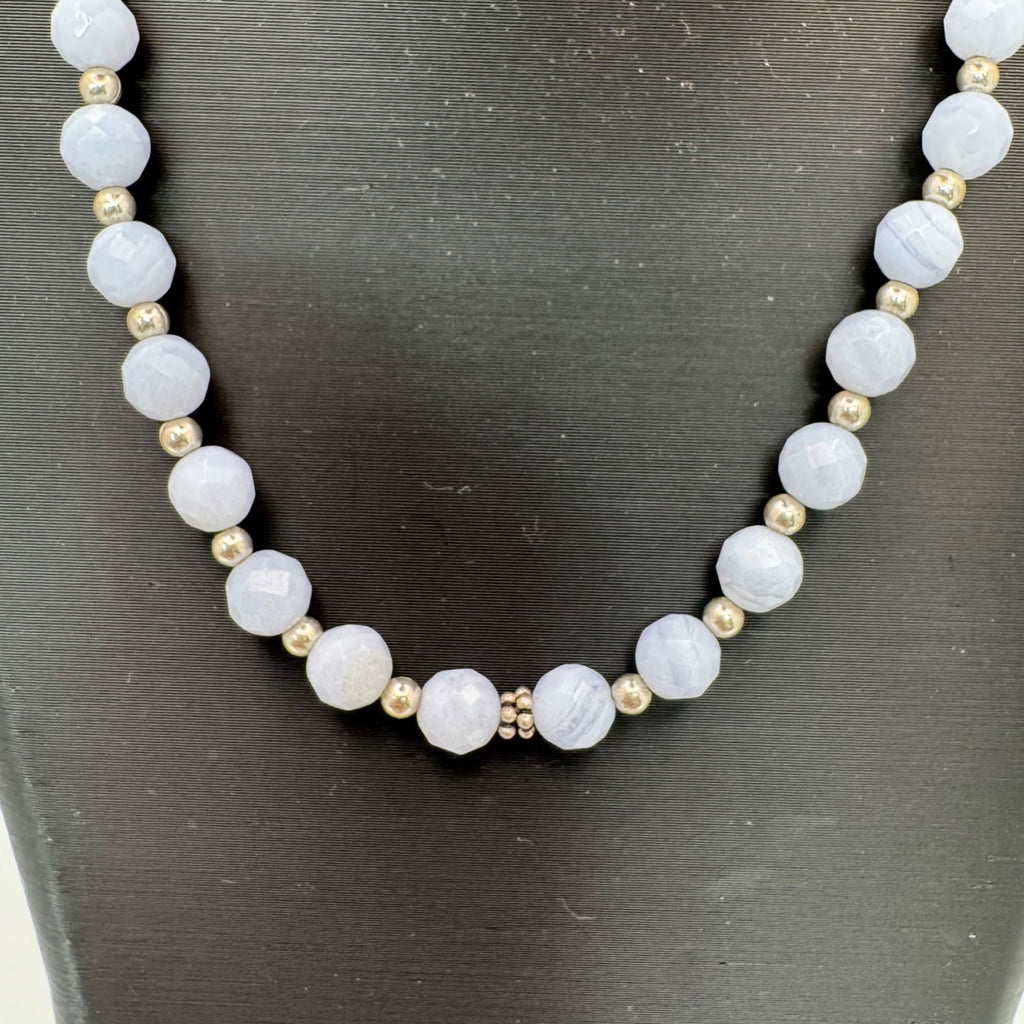 Vintage Milor Italy Faceted Blue Lace Agate Sterling Silver Beaded Necklace 18"