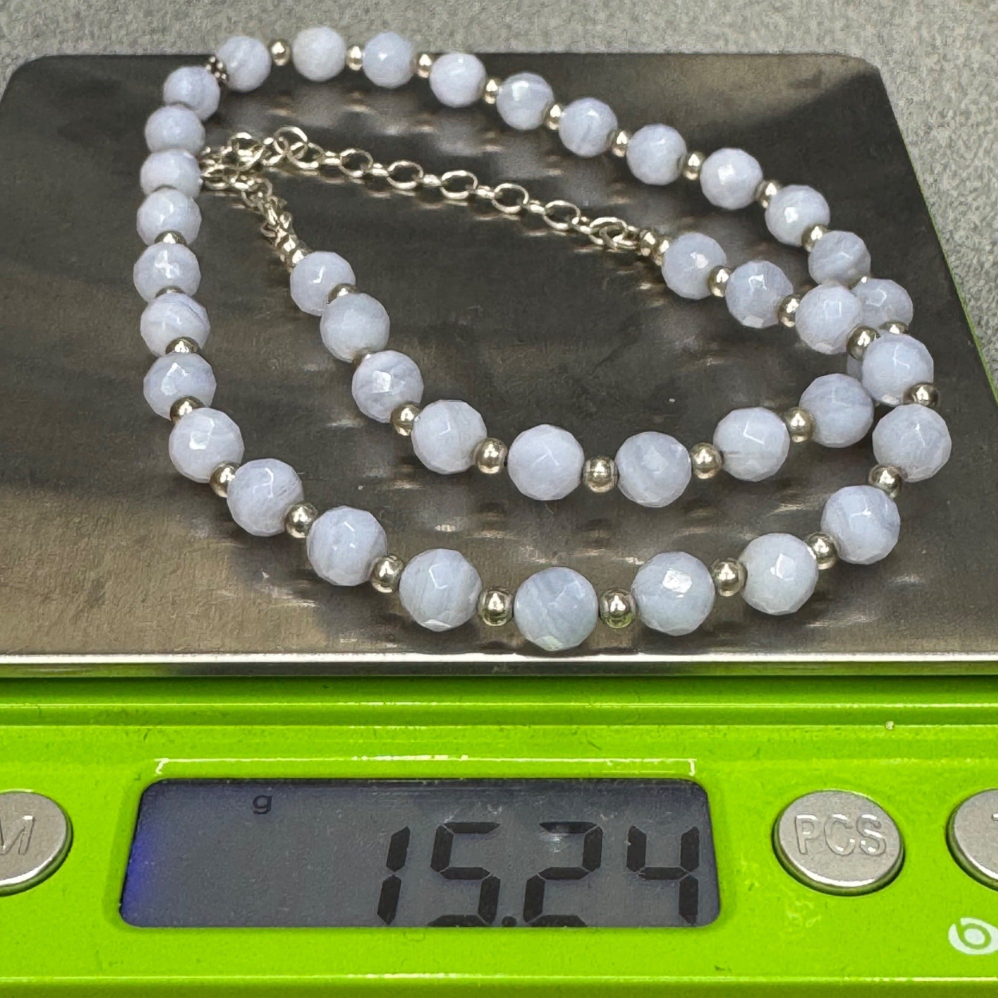 Vintage Milor Italy Faceted Blue Lace Agate Sterling Silver Beaded Necklace 18"