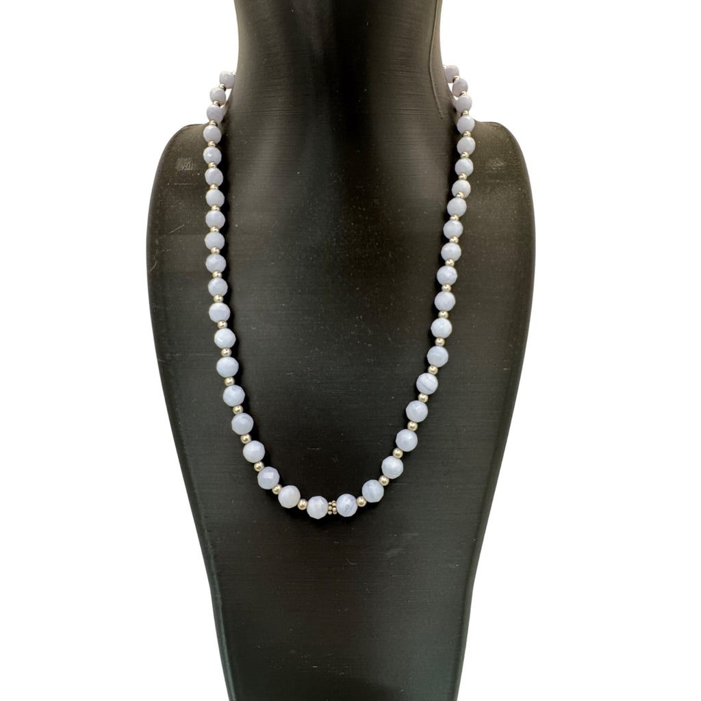 Vintage Milor Italy Faceted Blue Lace Agate Sterling Silver Beaded Necklace 18"
