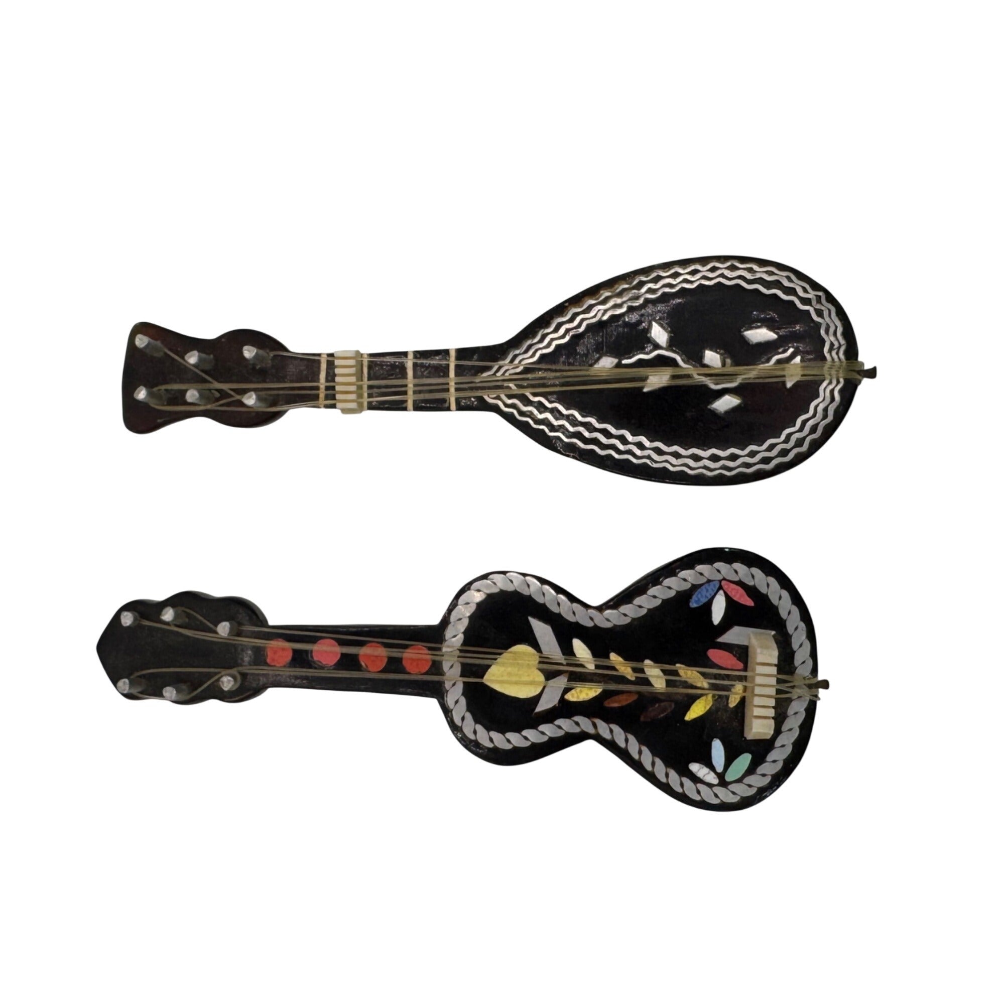 Vintage Miniature Mandolin & Guitar Black Mother of Pearl Inlay Doll Decor 4”