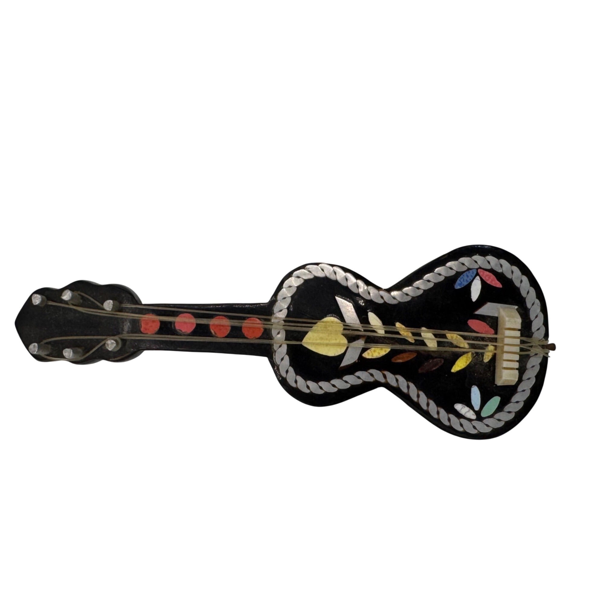 Vintage Miniature Mandolin & Guitar Black Mother of Pearl Inlay Doll Decor 4”