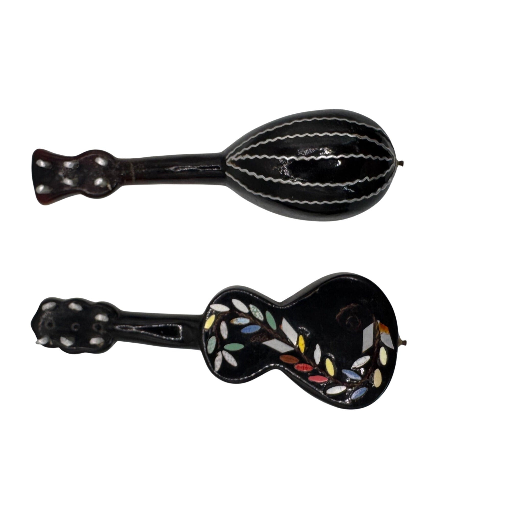 Vintage Miniature Mandolin & Guitar Black Mother of Pearl Inlay Doll Decor 4”