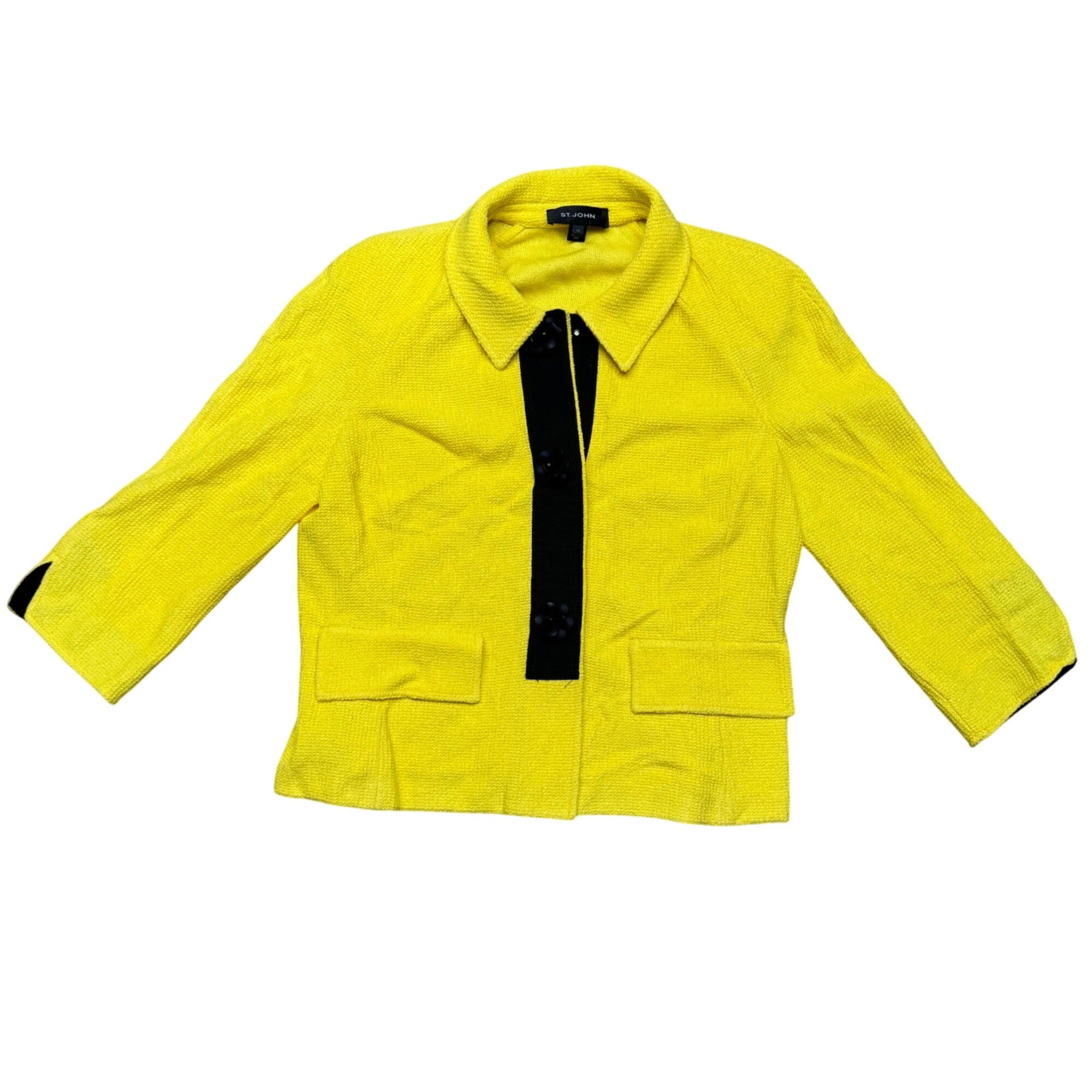 St. John Yellow Knit Jacket Blazer Size 12 3/4 Sleeve Black Trim Button USA READ