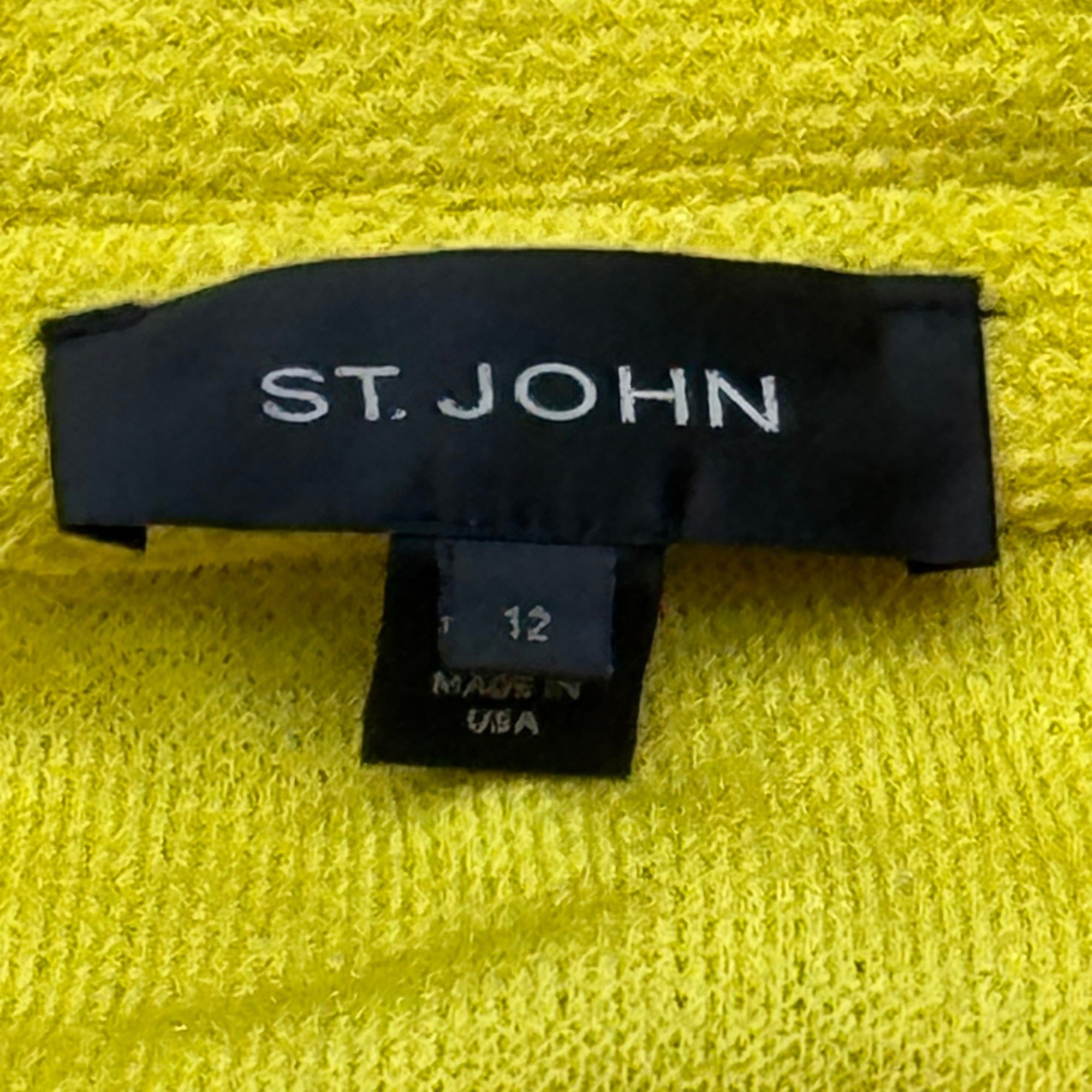 St. John Yellow Knit Jacket Blazer Size 12 3/4 Sleeve Black Trim Button USA READ