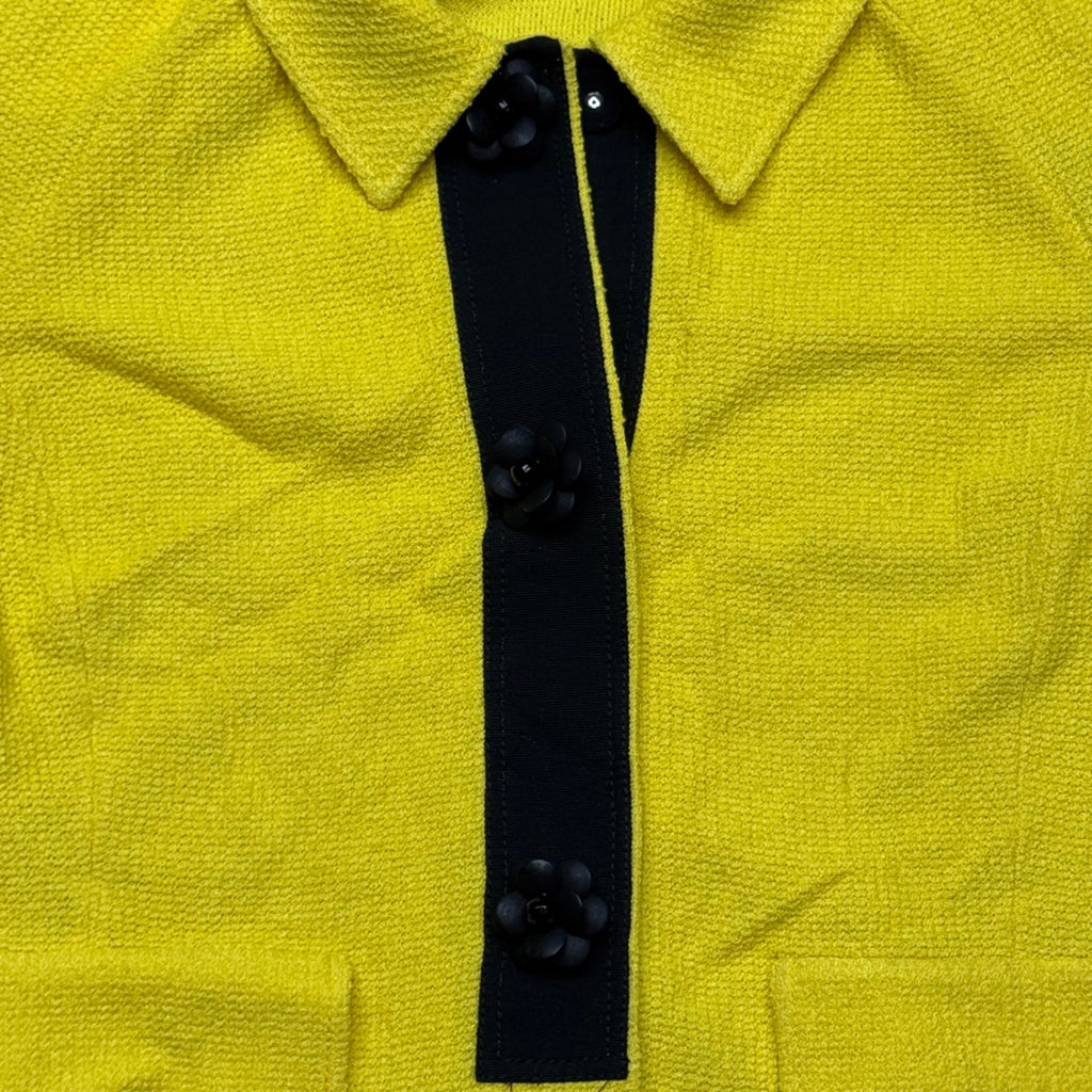 St. John Yellow Knit Jacket Blazer Size 12 3/4 Sleeve Black Trim Button USA READ