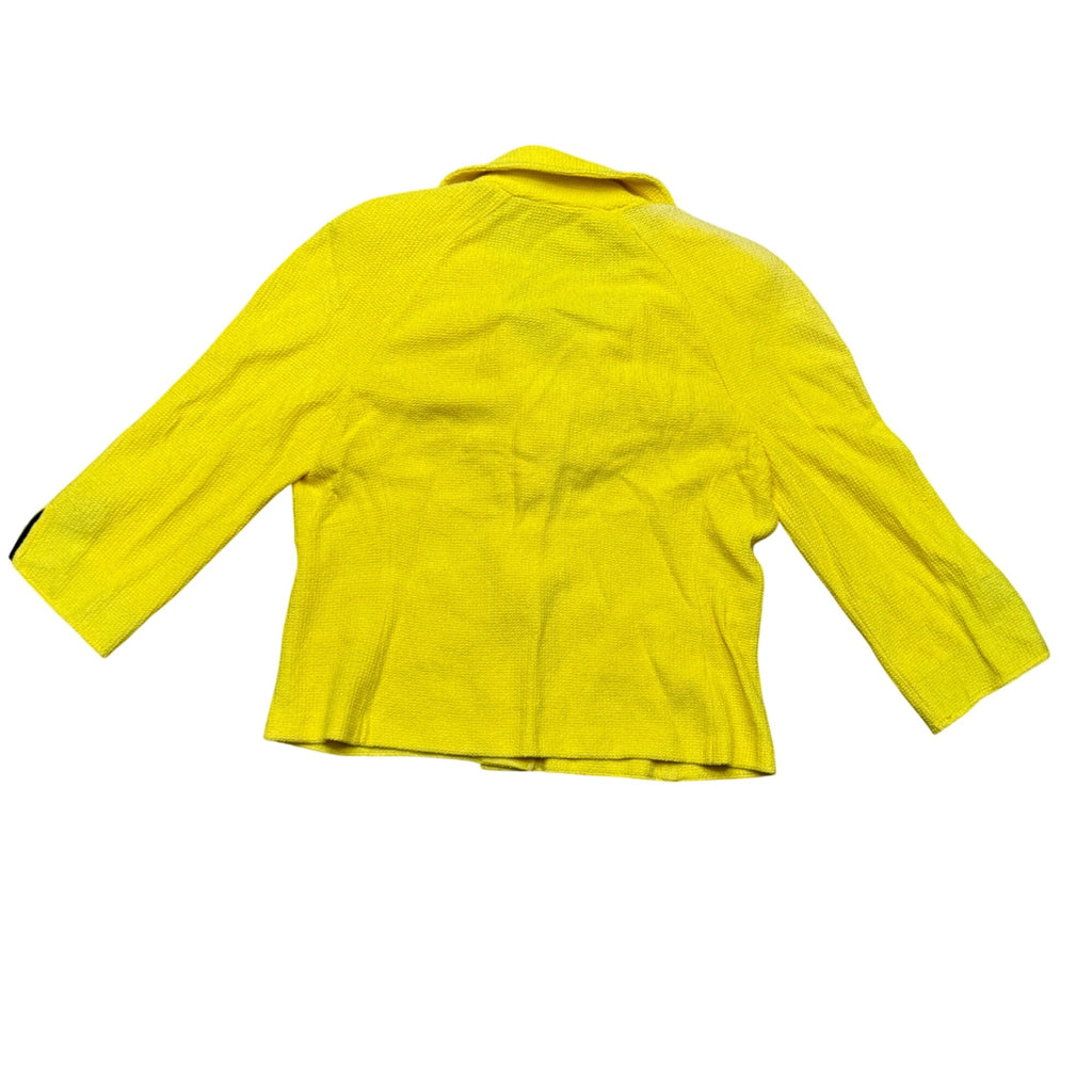St. John Yellow Knit Jacket Blazer Size 12 3/4 Sleeve Black Trim Button USA READ
