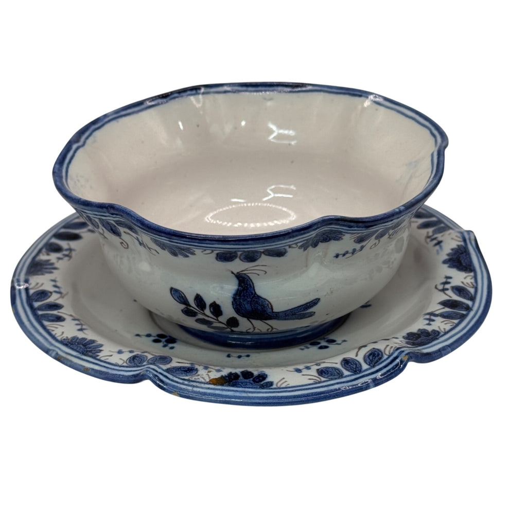 Antique Italian Blue White Ceramic Cup Teacup Saucer Set Floral And Bird Design