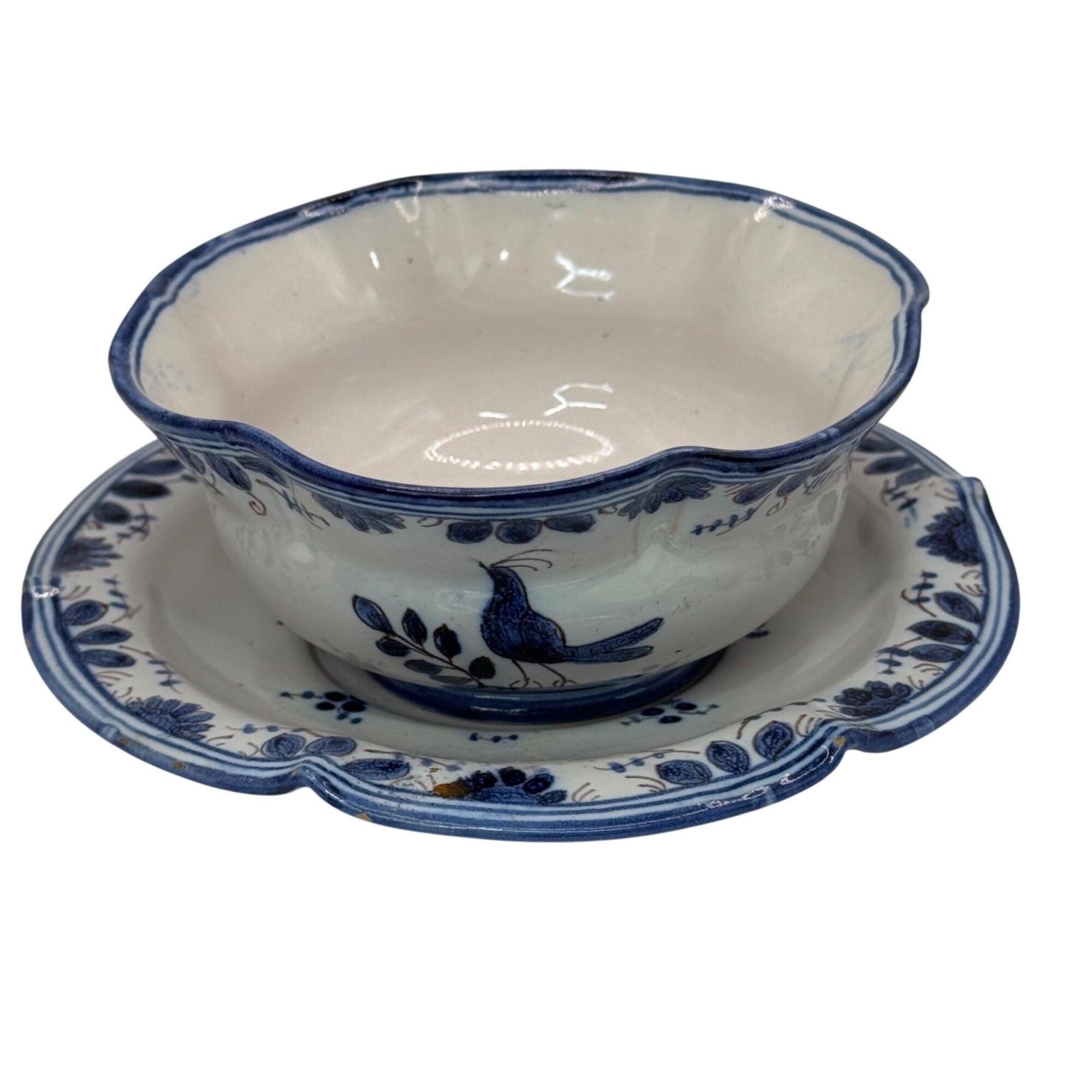 Antique Italian Blue White Ceramic Cup Teacup Saucer Set Floral And Bird Design