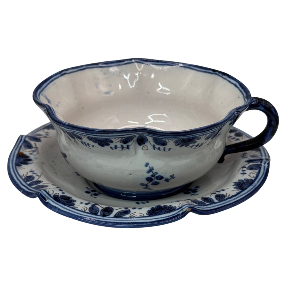 Antique Italian Blue White Ceramic Cup Teacup Saucer Set Floral And Bird Design