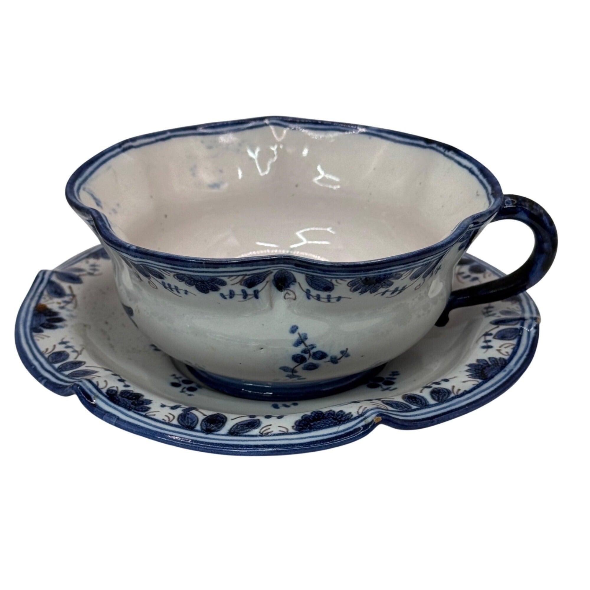 Antique Italian Blue White Ceramic Cup Teacup Saucer Set Floral And Bird Design