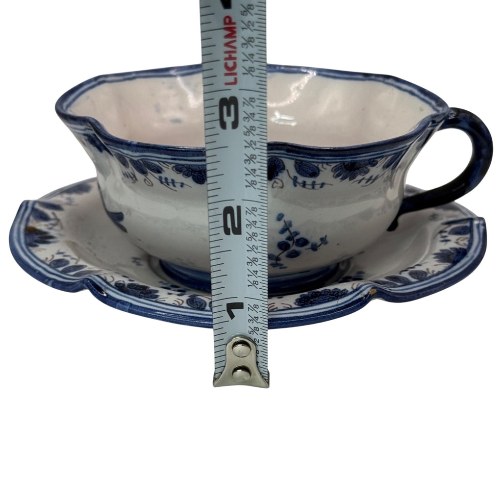 Antique Italian Blue White Ceramic Cup Teacup Saucer Set Floral And Bird Design