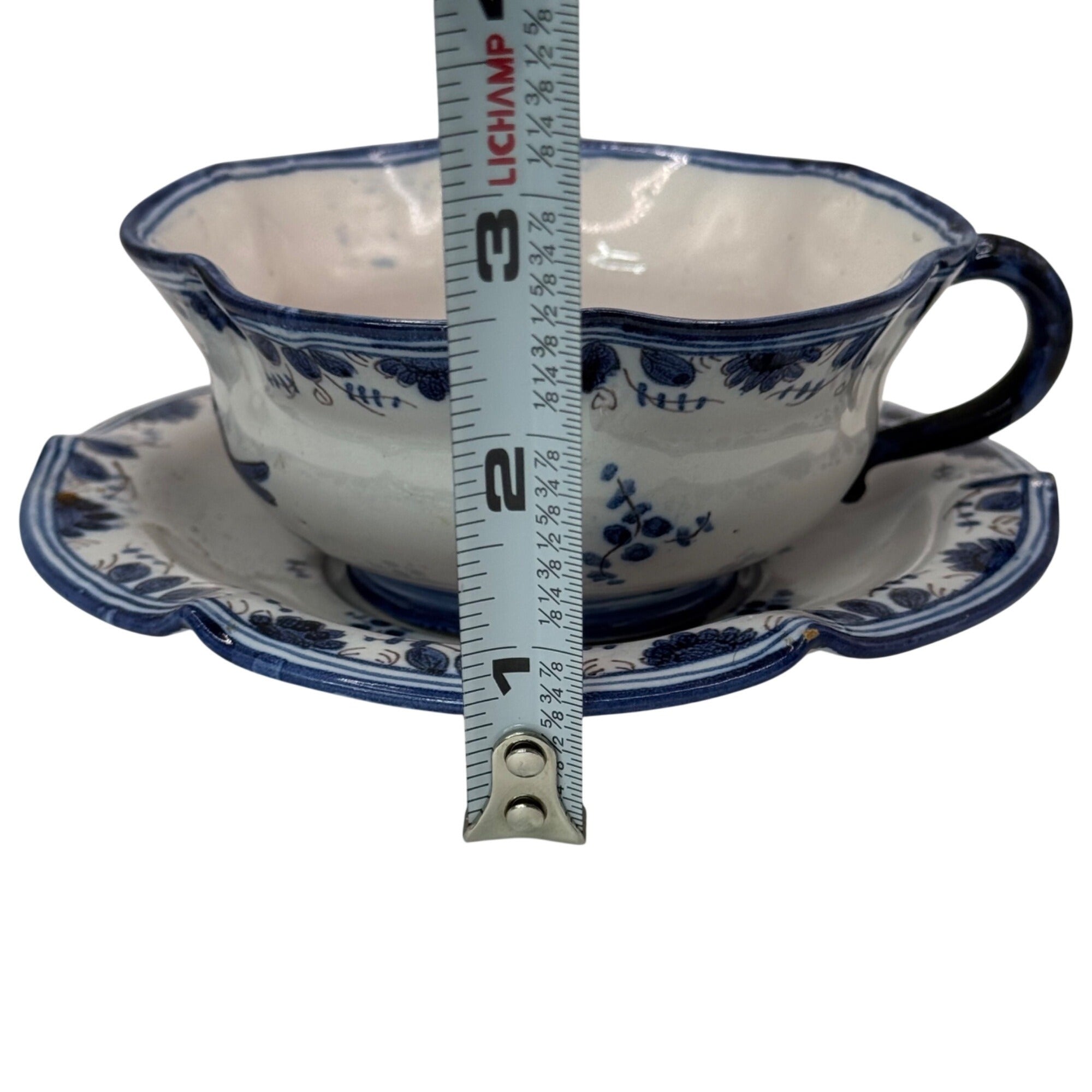 Antique Italian Blue White Ceramic Cup Teacup Saucer Set Floral And Bird Design