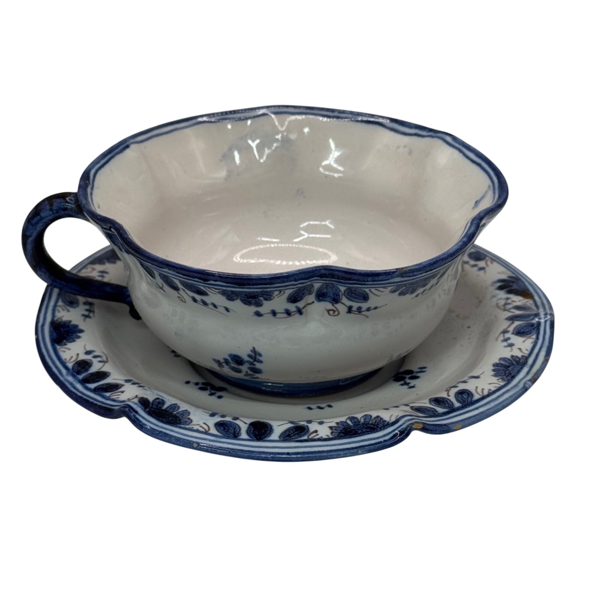 Antique Italian Blue White Ceramic Cup Teacup Saucer Set Floral And Bird Design