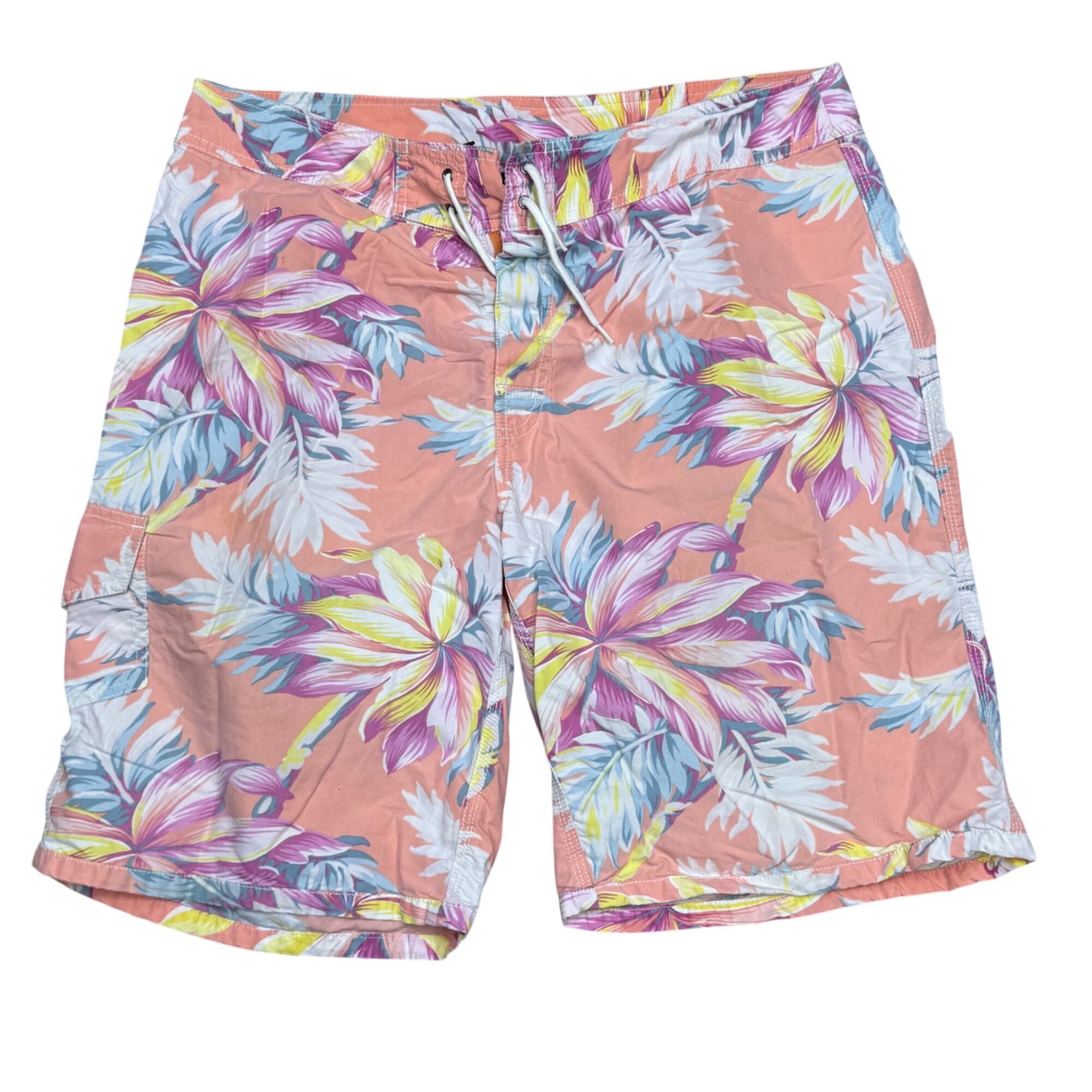 Polo Ralph Lauren Mens Hawaiian Floral Swim Trunks With Cargo Pockets Size 36 Coral & Multicolor Print