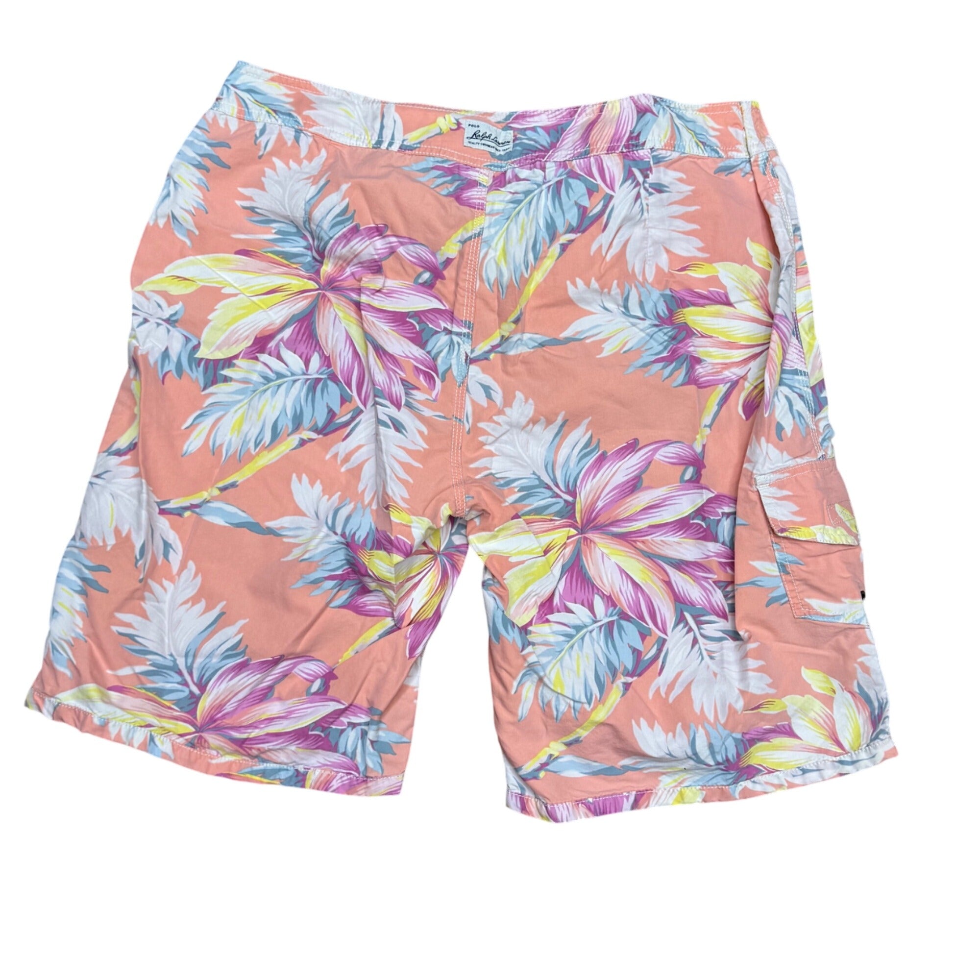 Polo Ralph Lauren Mens Hawaiian Floral Swim Trunks With Cargo Pockets Size 36 Coral & Multicolor Print