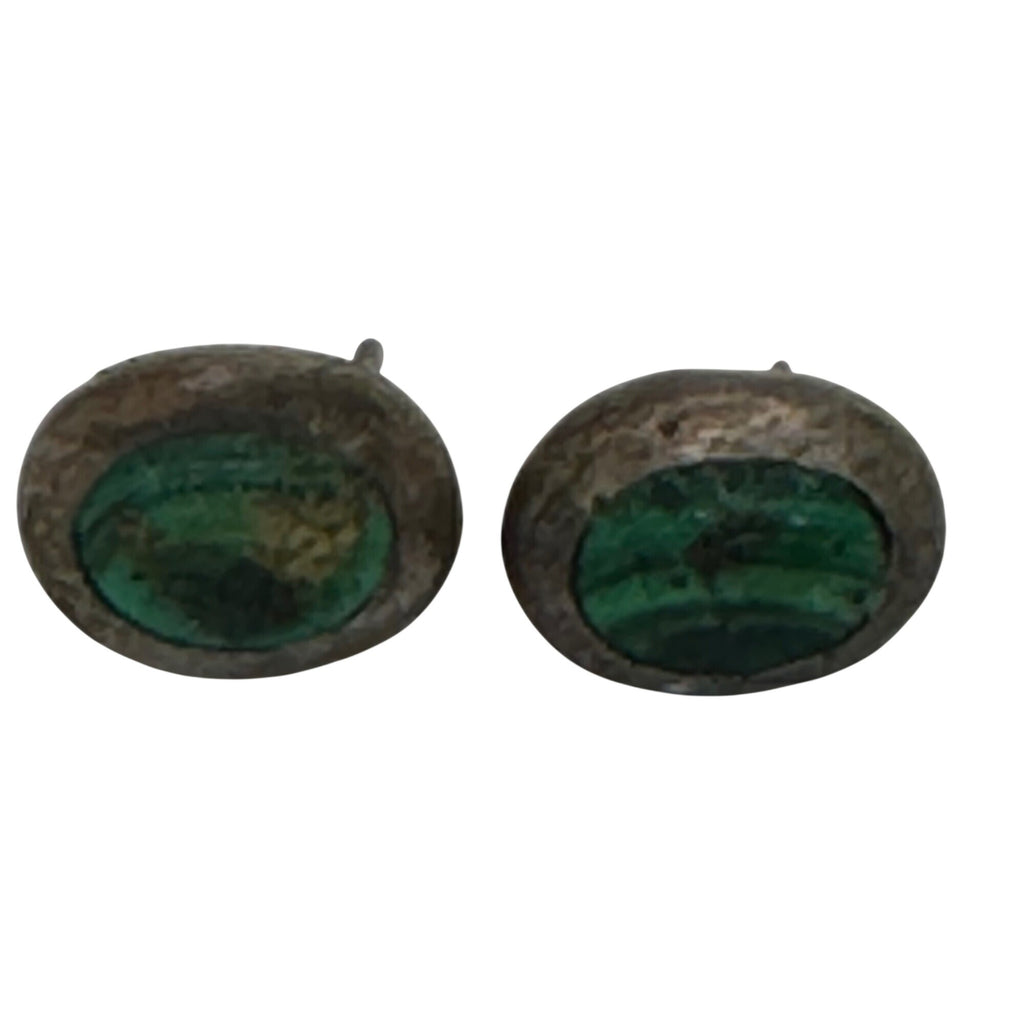 Vintage Sterling Silver 925 Oval Green Malachite Post Stud Earrings Southwest