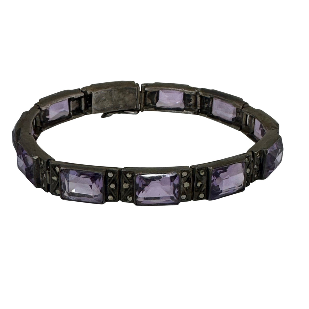 Sterling Silver Amethyst Tennis Bracelet Marcasite 6.5" Art Deco Vtg Statement