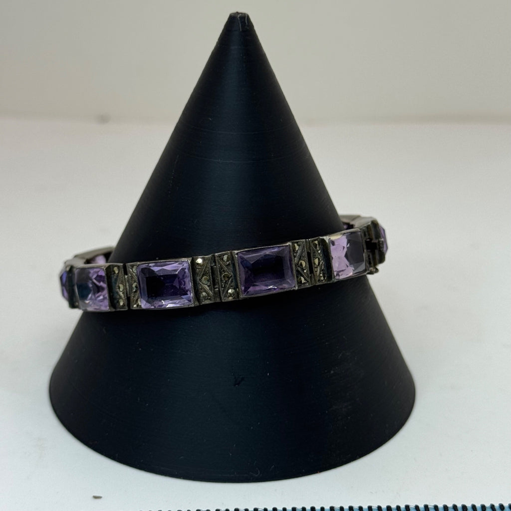 Sterling Silver Amethyst Tennis Bracelet Marcasite 6.5" Art Deco Vtg Statement