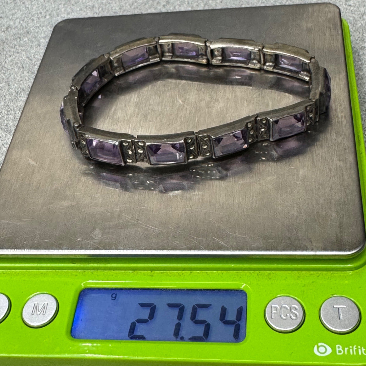 Sterling Silver Amethyst Tennis Bracelet Marcasite 6.5" Art Deco Vtg Statement