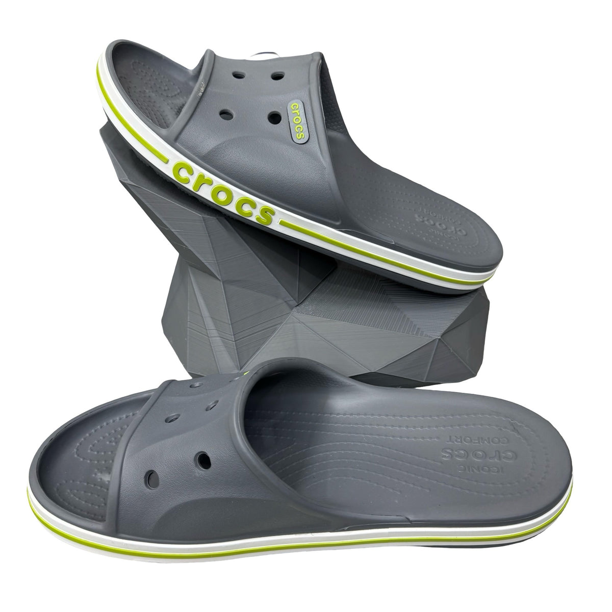 Crocs Bayaband Navy Blue Slides Neon Green Men’s Size 9 / Women’s Size 11