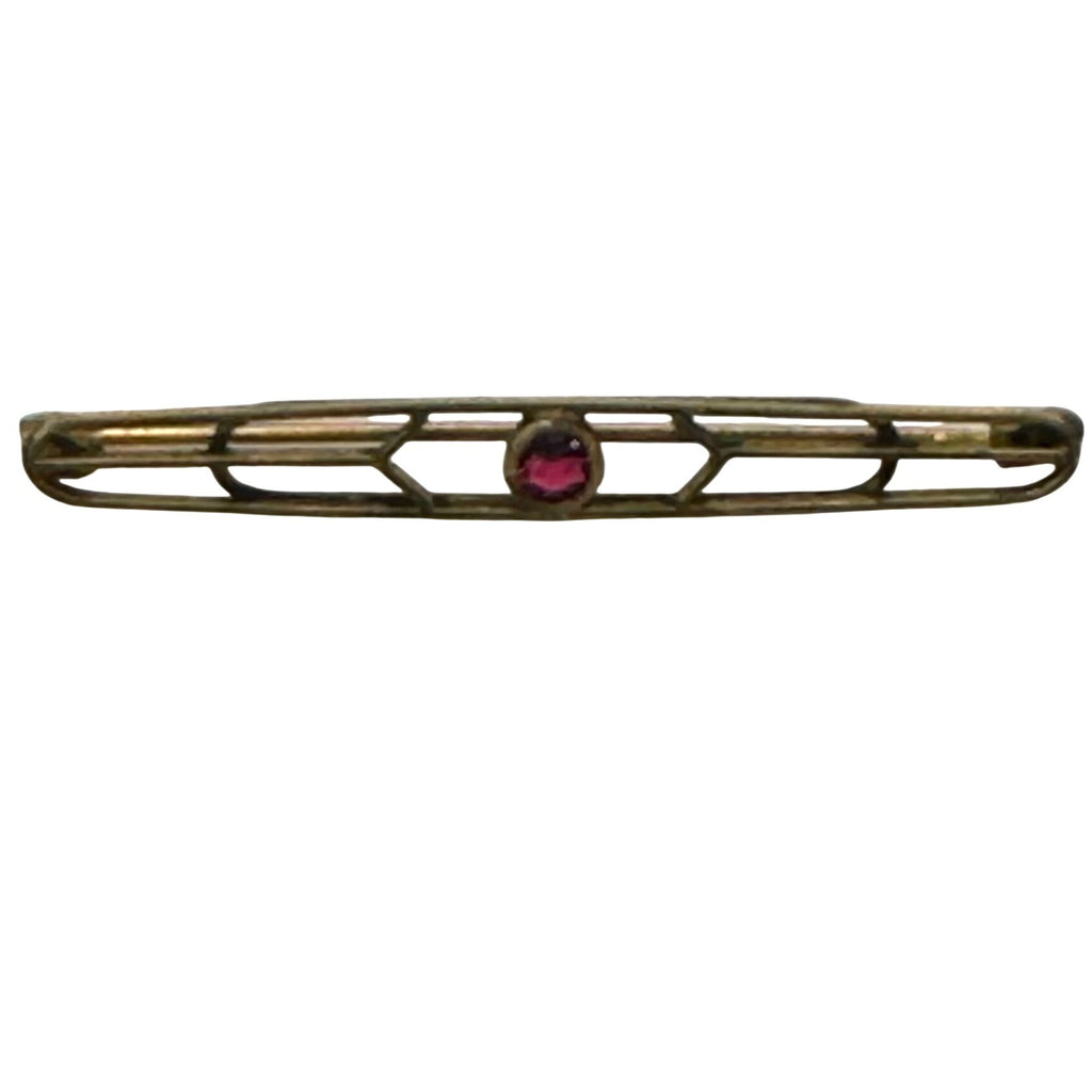 Art Deco Lines Gold Washed Bar Brooch Pin Ruby Crystal Prong Set Old Vintage 2"