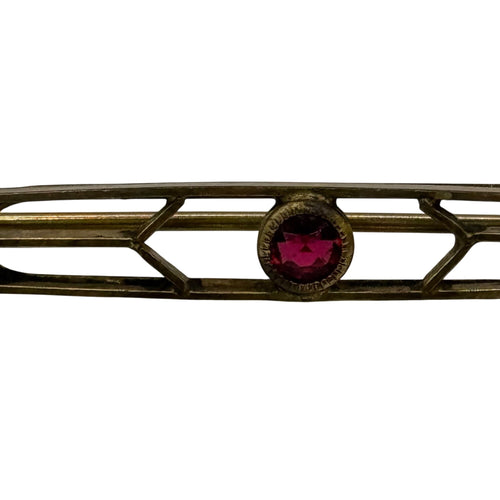 Art Deco Lines Gold Washed Bar Brooch Pin Ruby Crystal Prong Set Old Vintage 2"