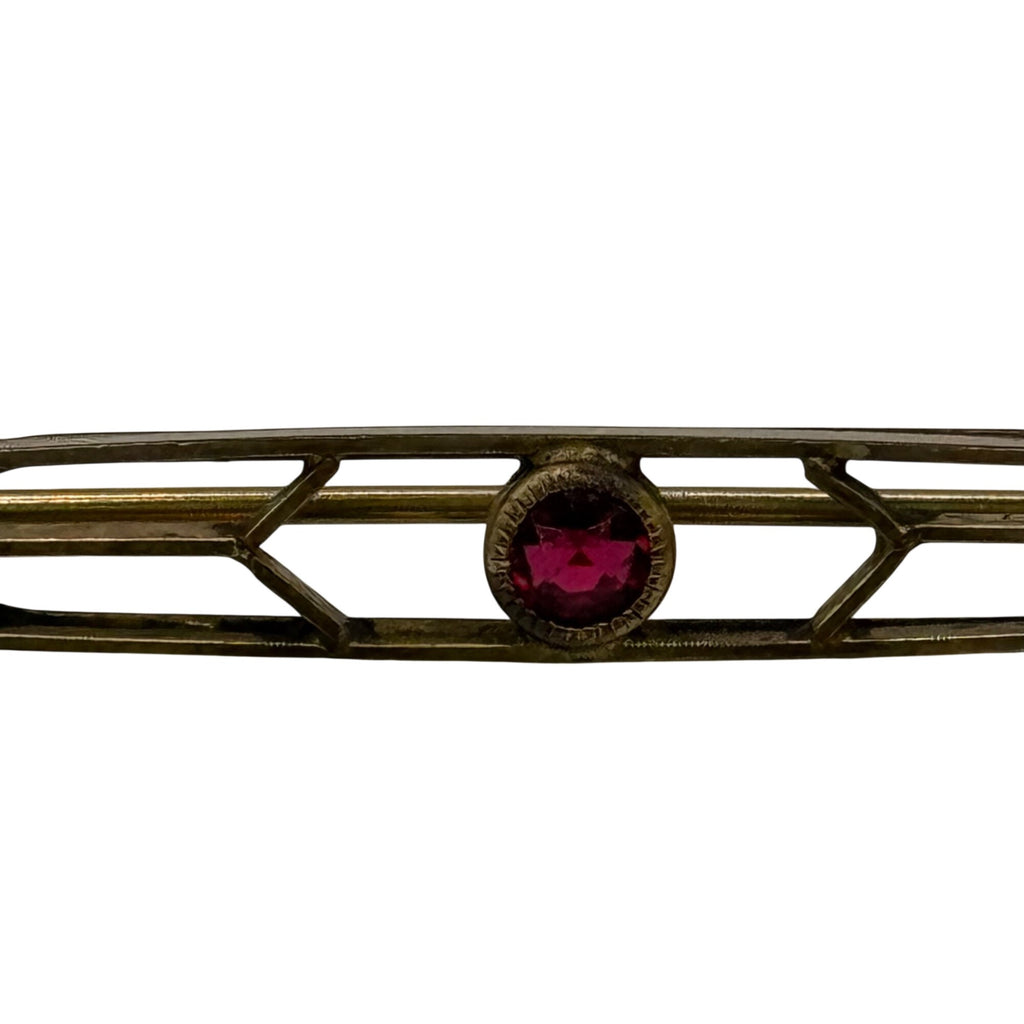 Art Deco Lines Gold Washed Bar Brooch Pin Ruby Crystal Prong Set Old Vintage 2"