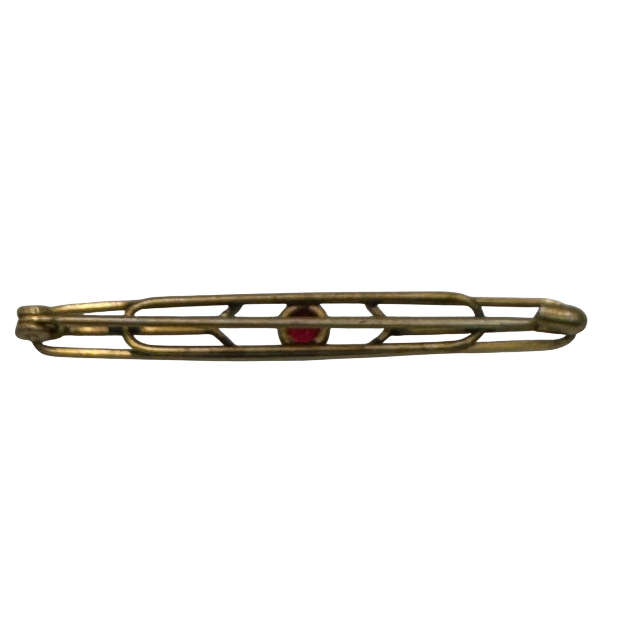 Art Deco Lines Gold Washed Bar Brooch Pin Ruby Crystal Prong Set Old Vintage 2"