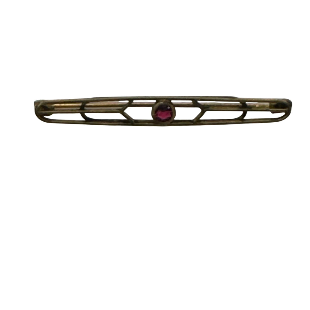 Art Deco Lines Gold Washed Bar Brooch Pin Ruby Crystal Prong Set Old Vintage 2"