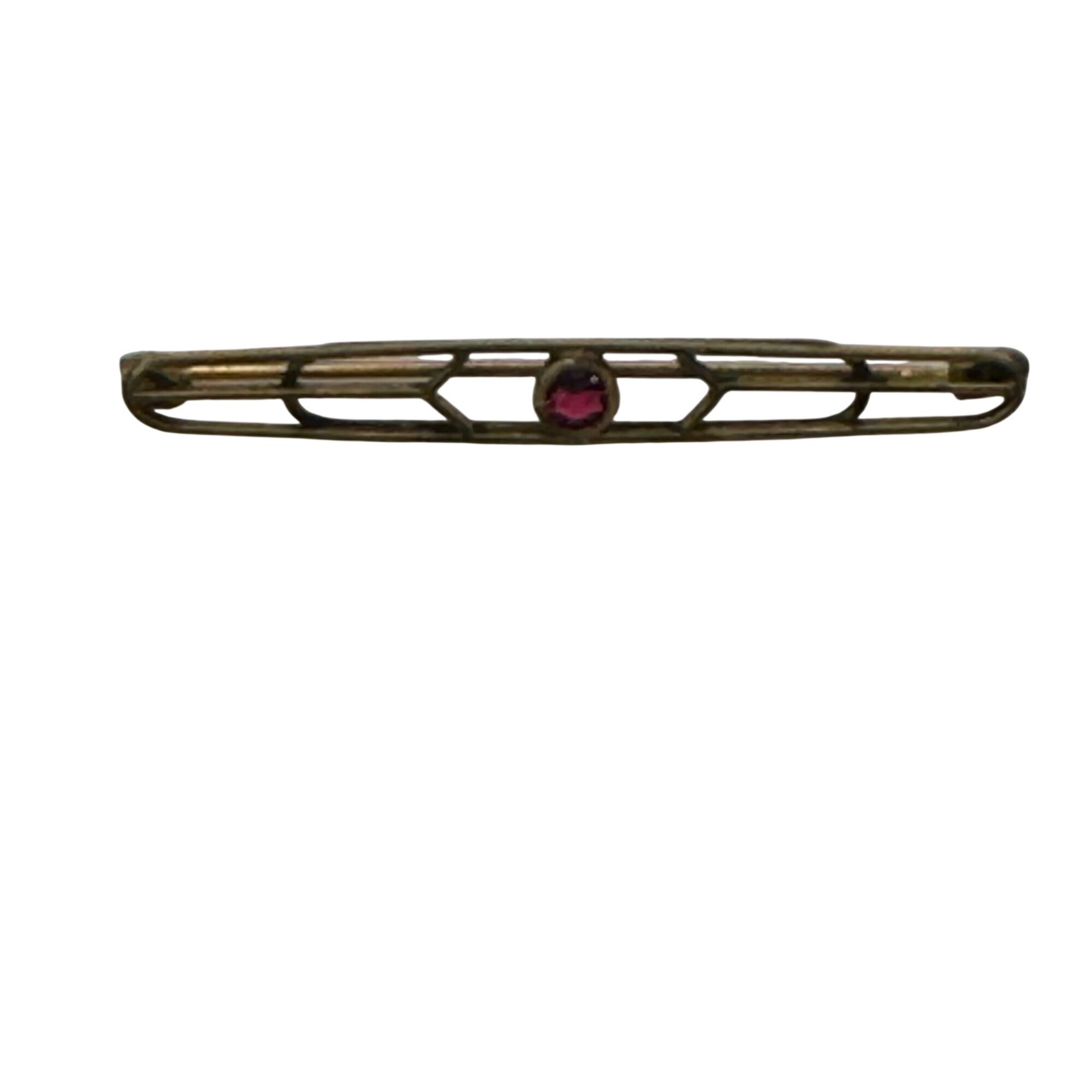 Art Deco Lines Gold Washed Bar Brooch Pin Ruby Crystal Prong Set Old Vintage 2"