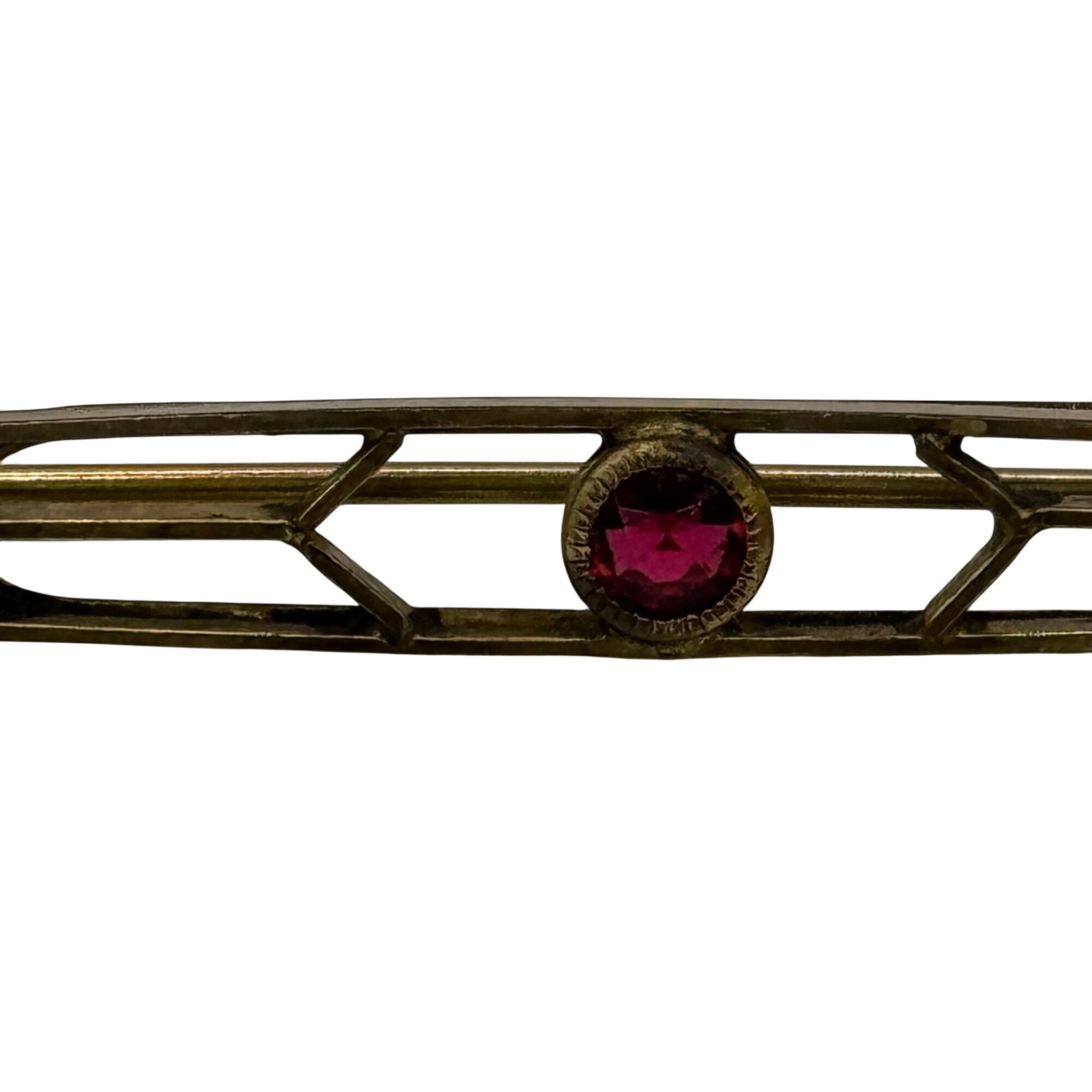 Art Deco Lines Gold Washed Bar Brooch Pin Ruby Crystal Prong Set Old Vintage 2"